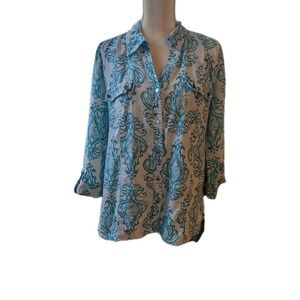 JM Collection Women's Tunic Size 14 100% Linen Print Cream & Green Ikat On White